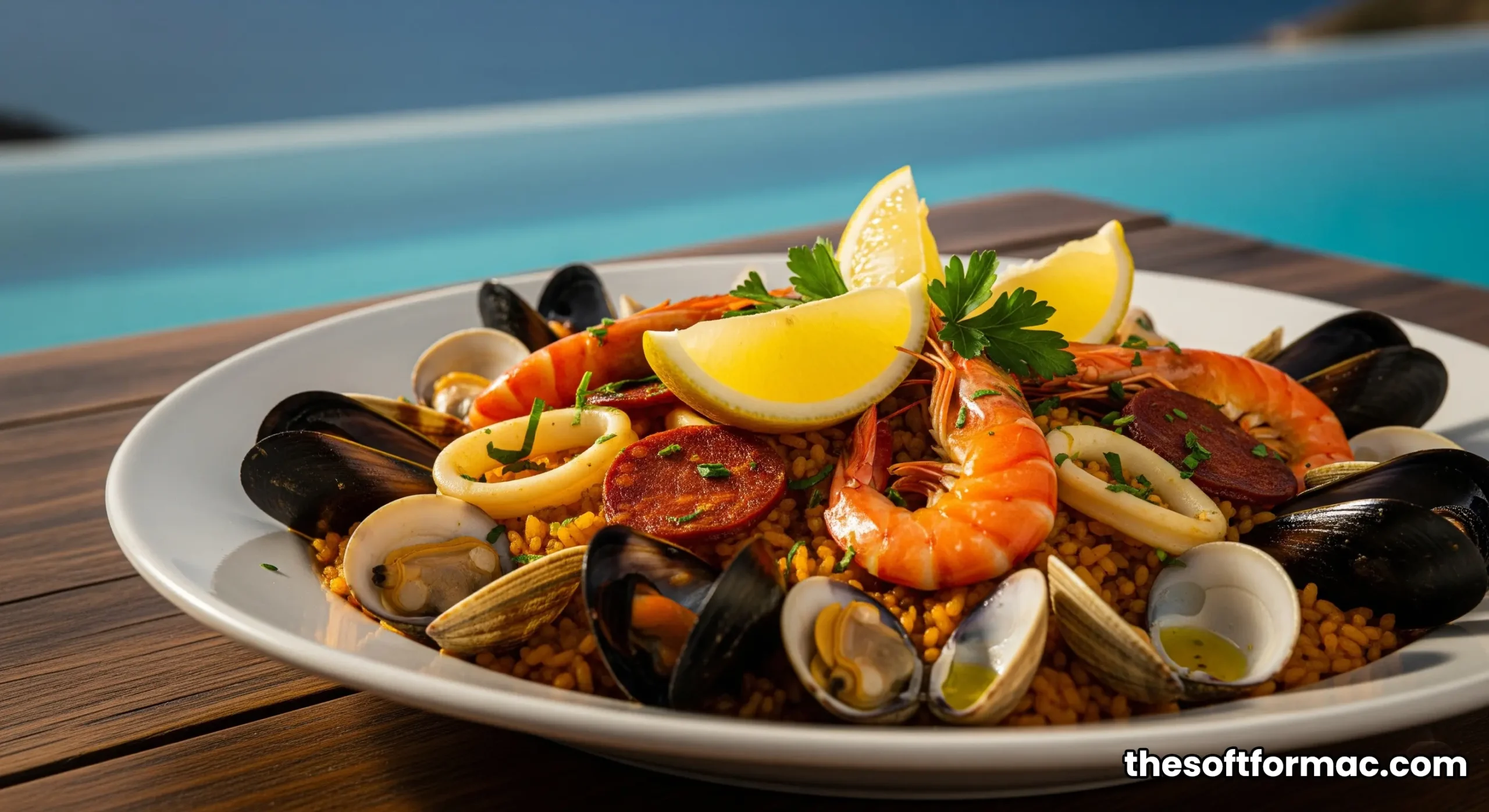 A Michelin-starred seafood dish from SAL restaurant, elegantly plated on a table overlooking the infinity pool.