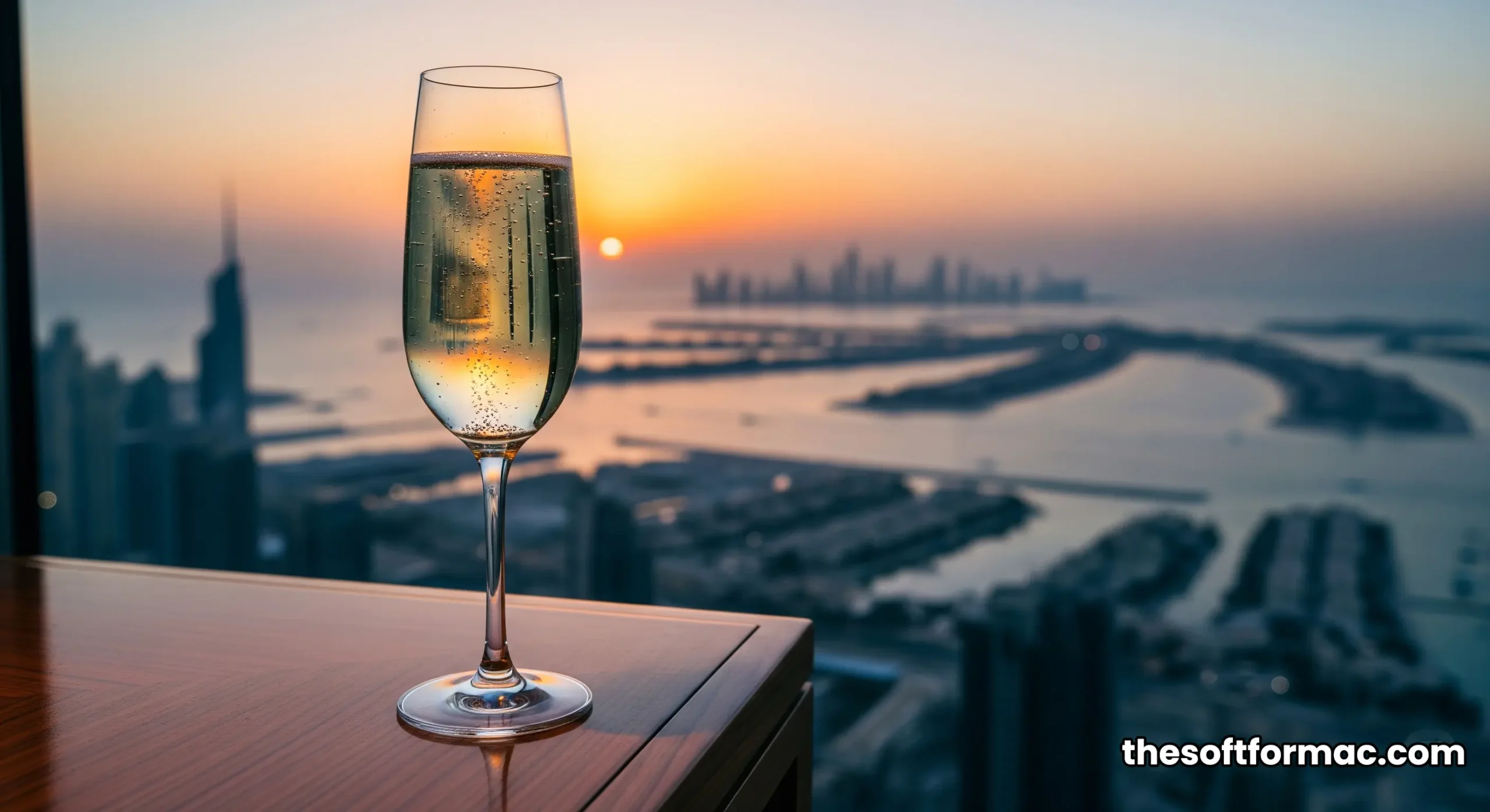 A breathtaking sunset view of the Dubai coastline from the floor-to-ceiling windows of a Burj Al Arab Panoramic Suite.