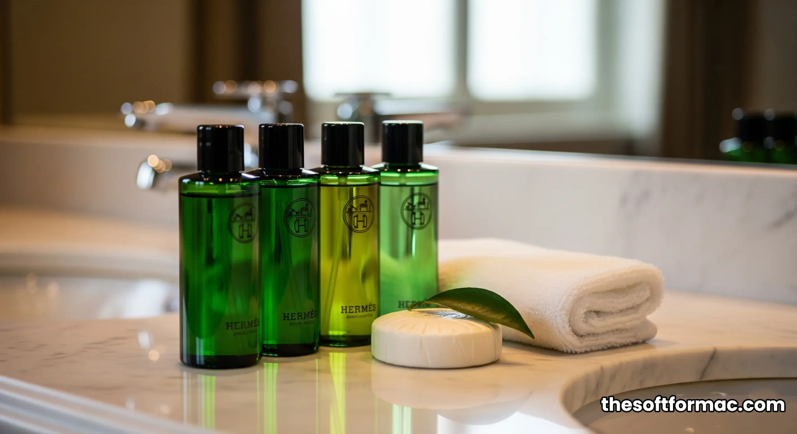 A collection of full-size Hermès luxury bath amenities elegantly displayed on a marble bathroom counter inside the Burj Al Arab.