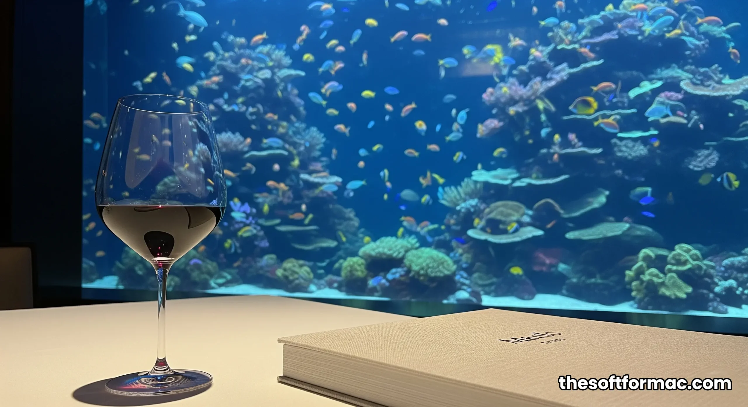A first-person view from a dining table at Al Mahara, looking directly out at the stunning floor-to-ceiling aquarium.