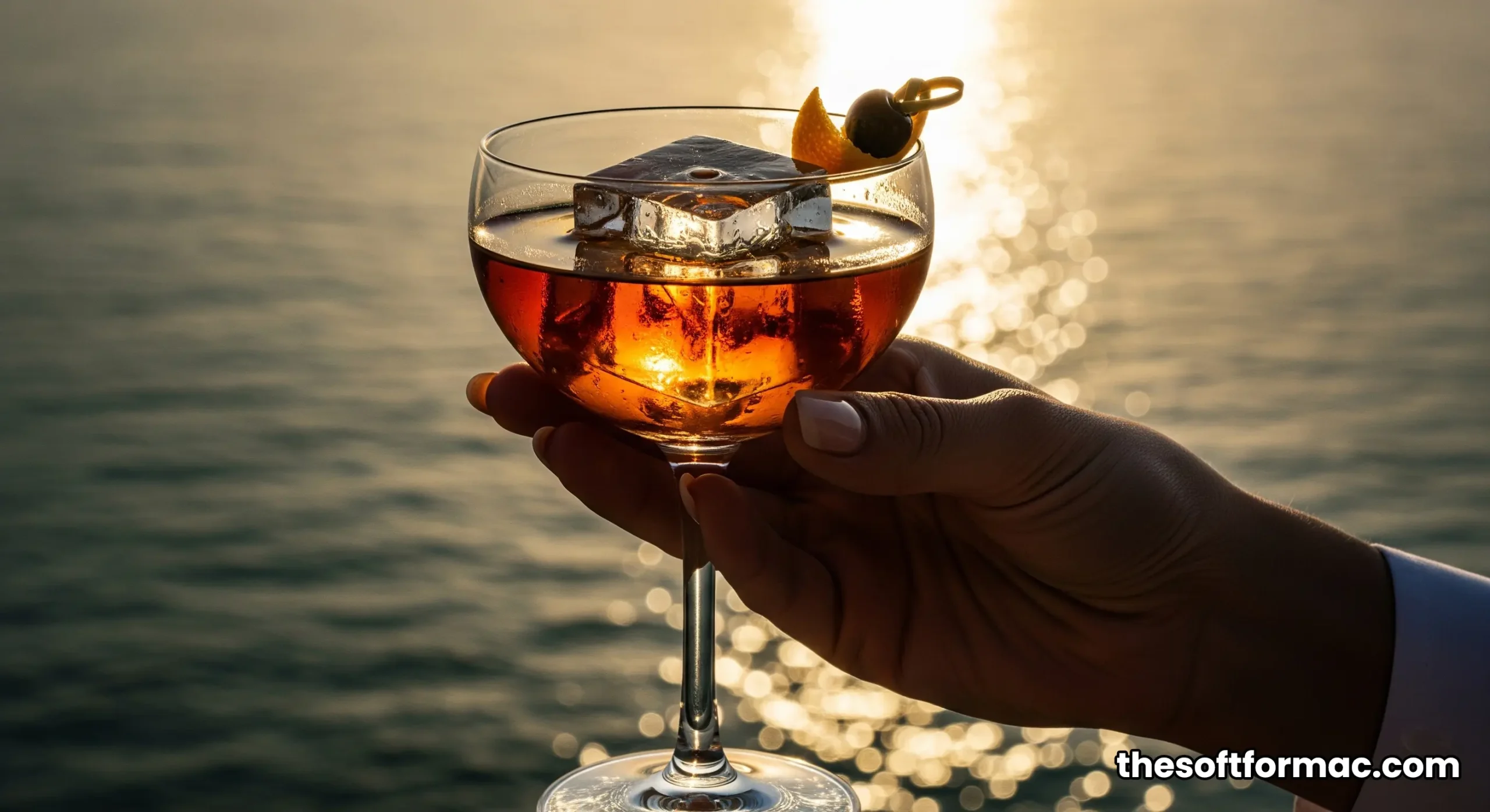 A guest holds a handcrafted cocktail as the sun sets over the ocean at the Burj Al Arab Terrace.
