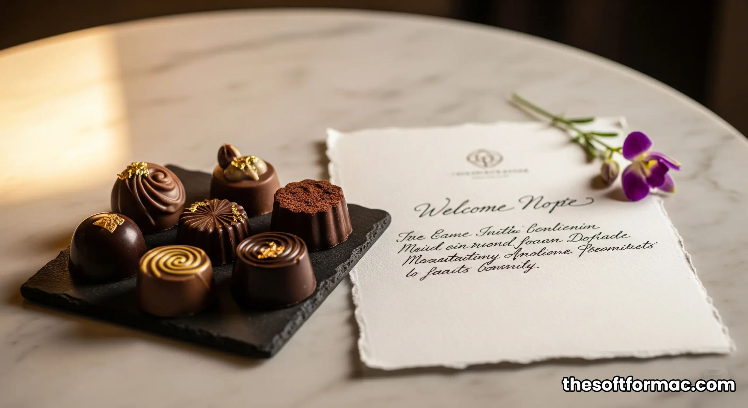 A personalized welcome gift of fine chocolates on a marble table inside the exclusive Burj Al Arab Royal Residence.