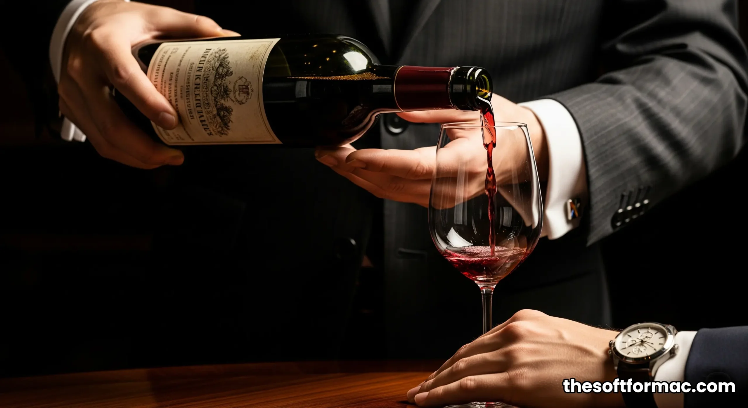 A professional sommelier at Al Mahara smiling as he pours white wine into a crystal glass for a guest.