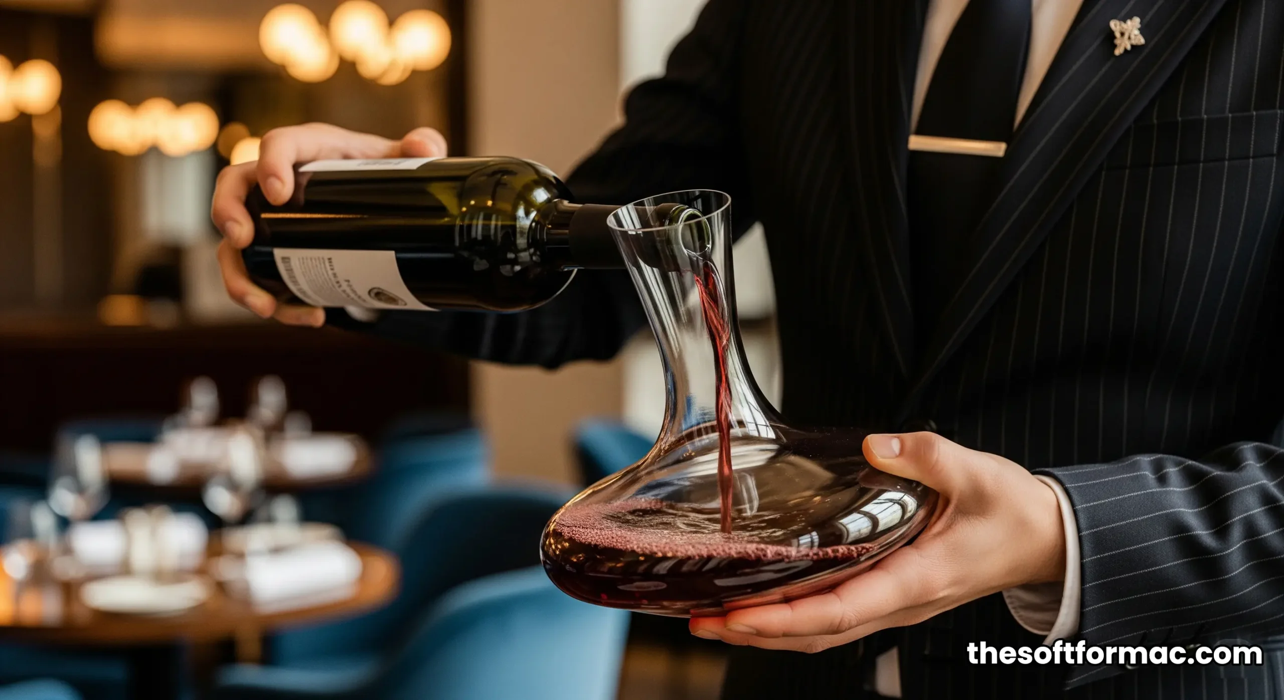 A professional sommelier at Al Muntaha carefully decanting a bottle of fine wine, symbolizing the restaurant's expert service.