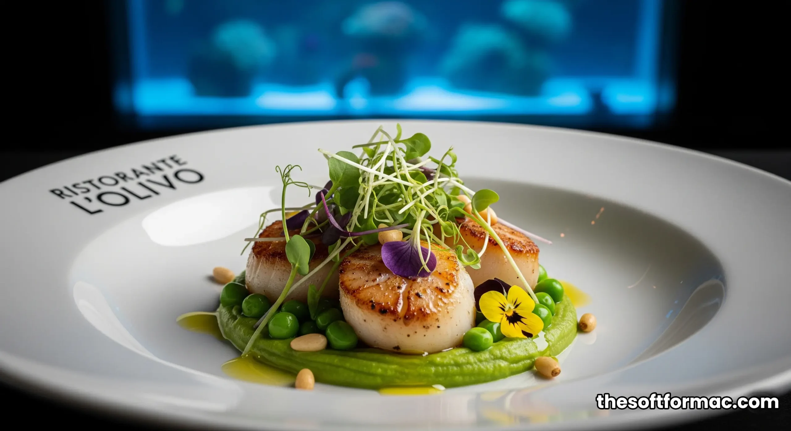 An exquisite seafood dish from Ristorante L'Olivo at Al Mahara, with the restaurant's famous aquarium in the background.