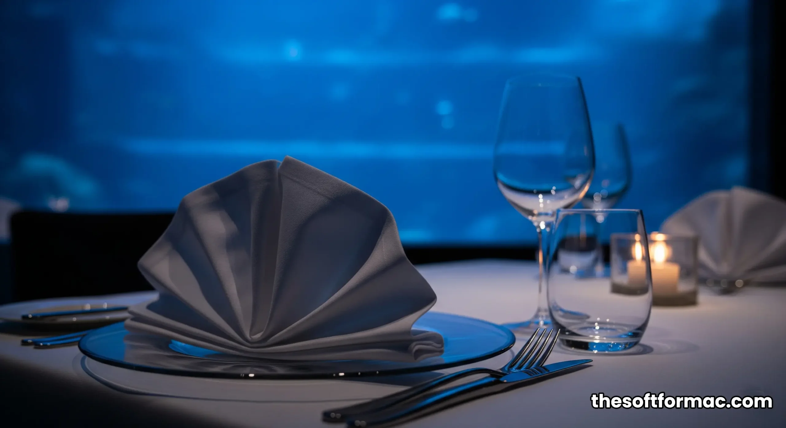 The grand dining room of Al Mahara restaurant, with the massive, glowing blue aquarium as the centerpiece and elegantly set tables.