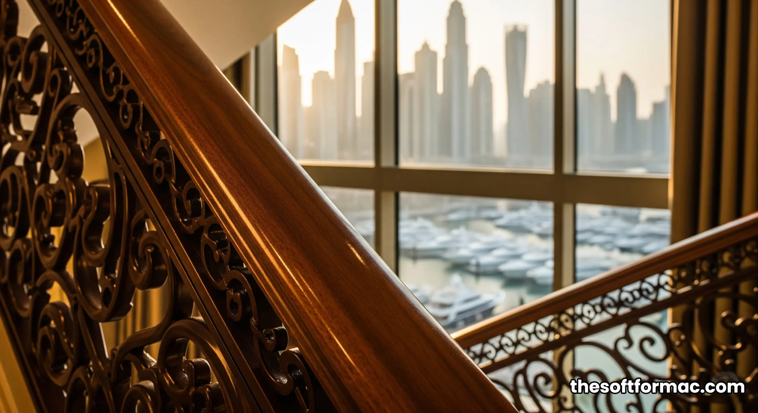The grand staircase and two-story window inside a sunlit Deluxe Suite at Burj Al Arab, looking out towards the Dubai Marina.