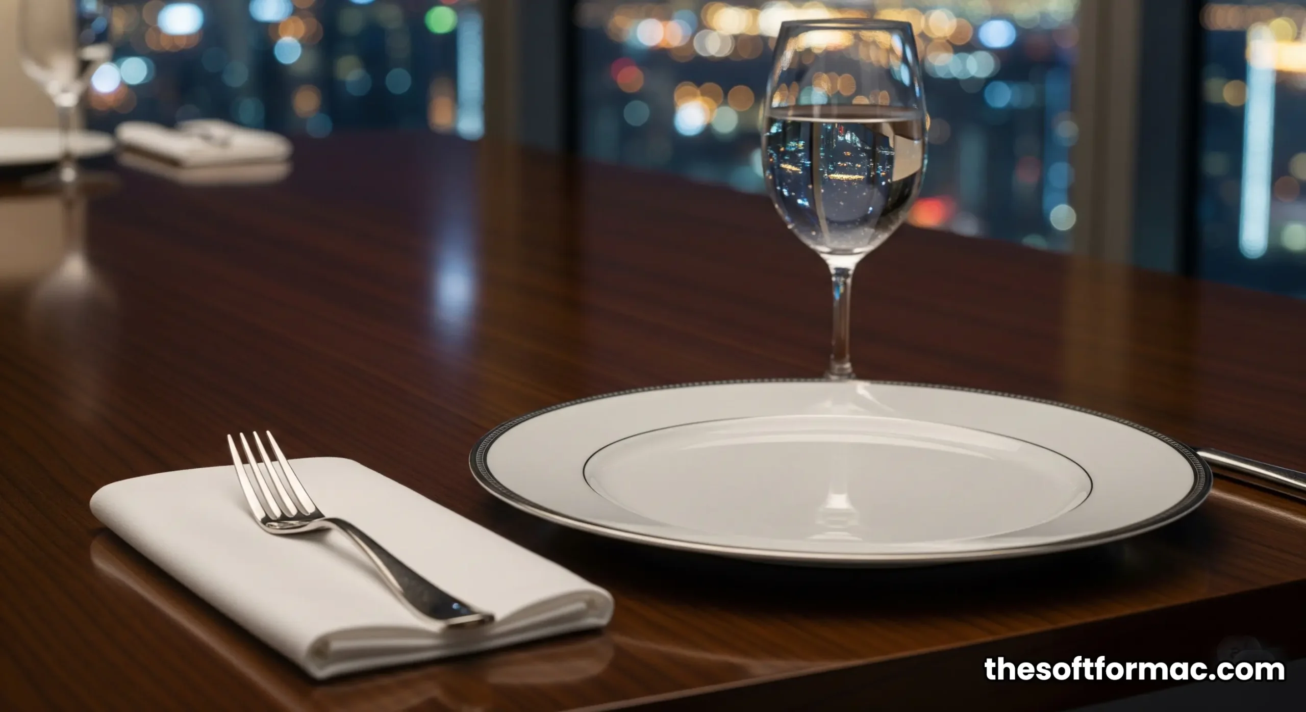 The impeccably set dining table in the private dining room of a Burj Al Arab Diplomatic Suite, with Dubai's city lights twinkling in the background.