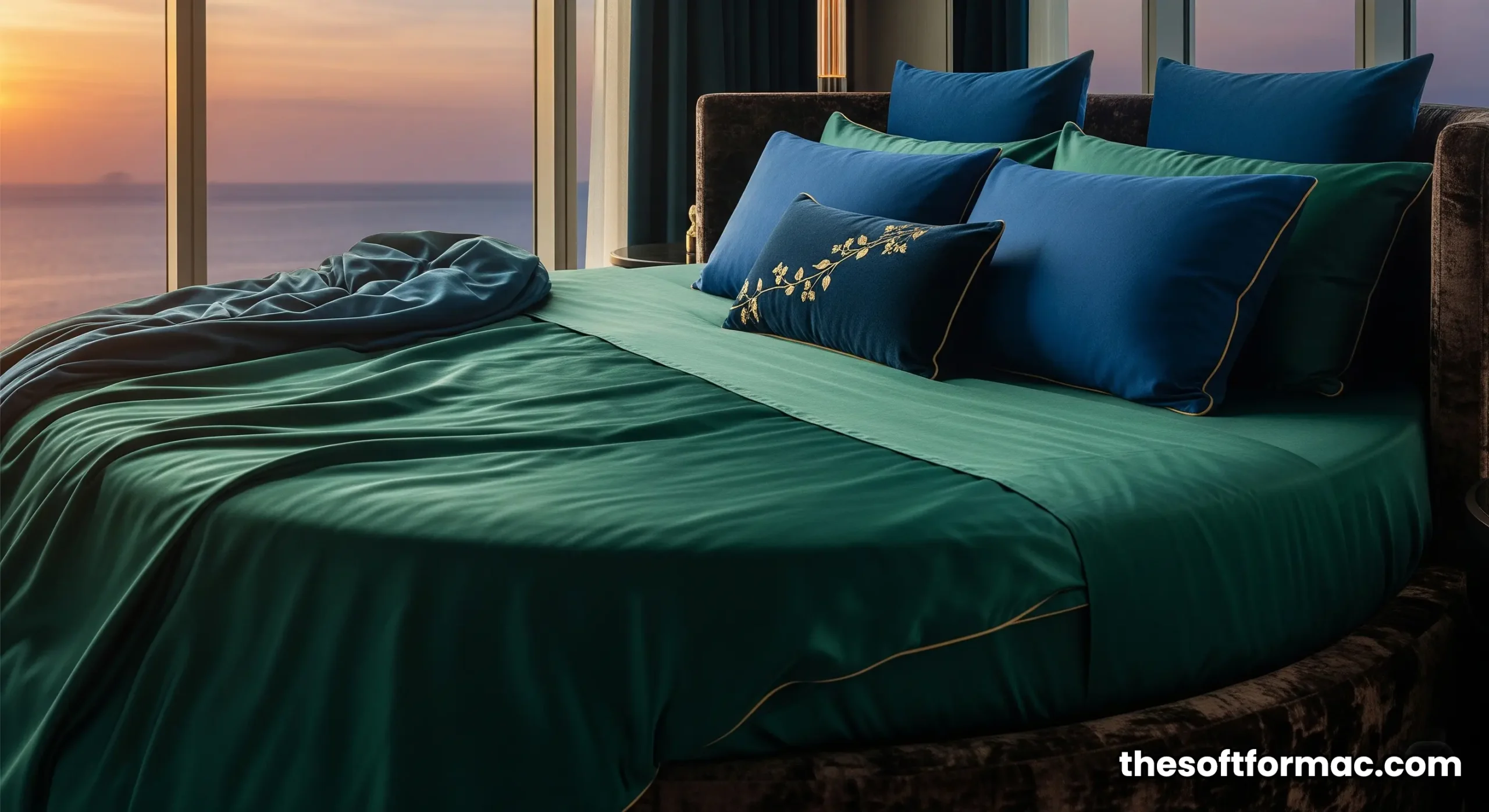 The opulent, rotating master bed in the Royal Suite at Burj Al Arab, offering a panoramic view of the Arabian Gulf.