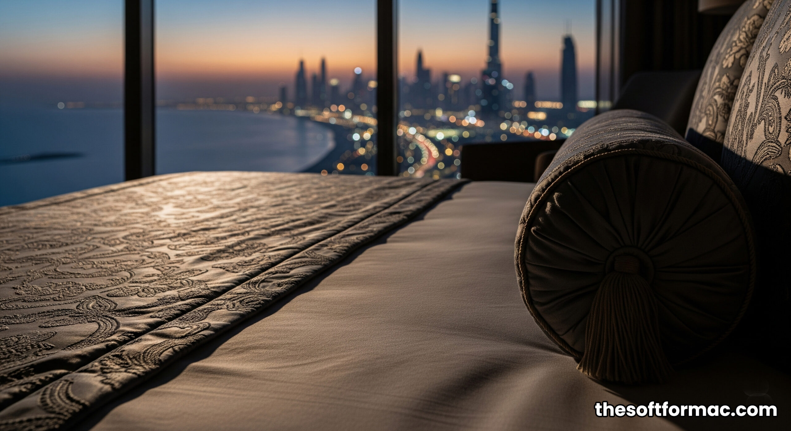 The rotating master bed in the Royal Residence at Burj Al Arab, offering a panoramic view of the Dubai coastline.