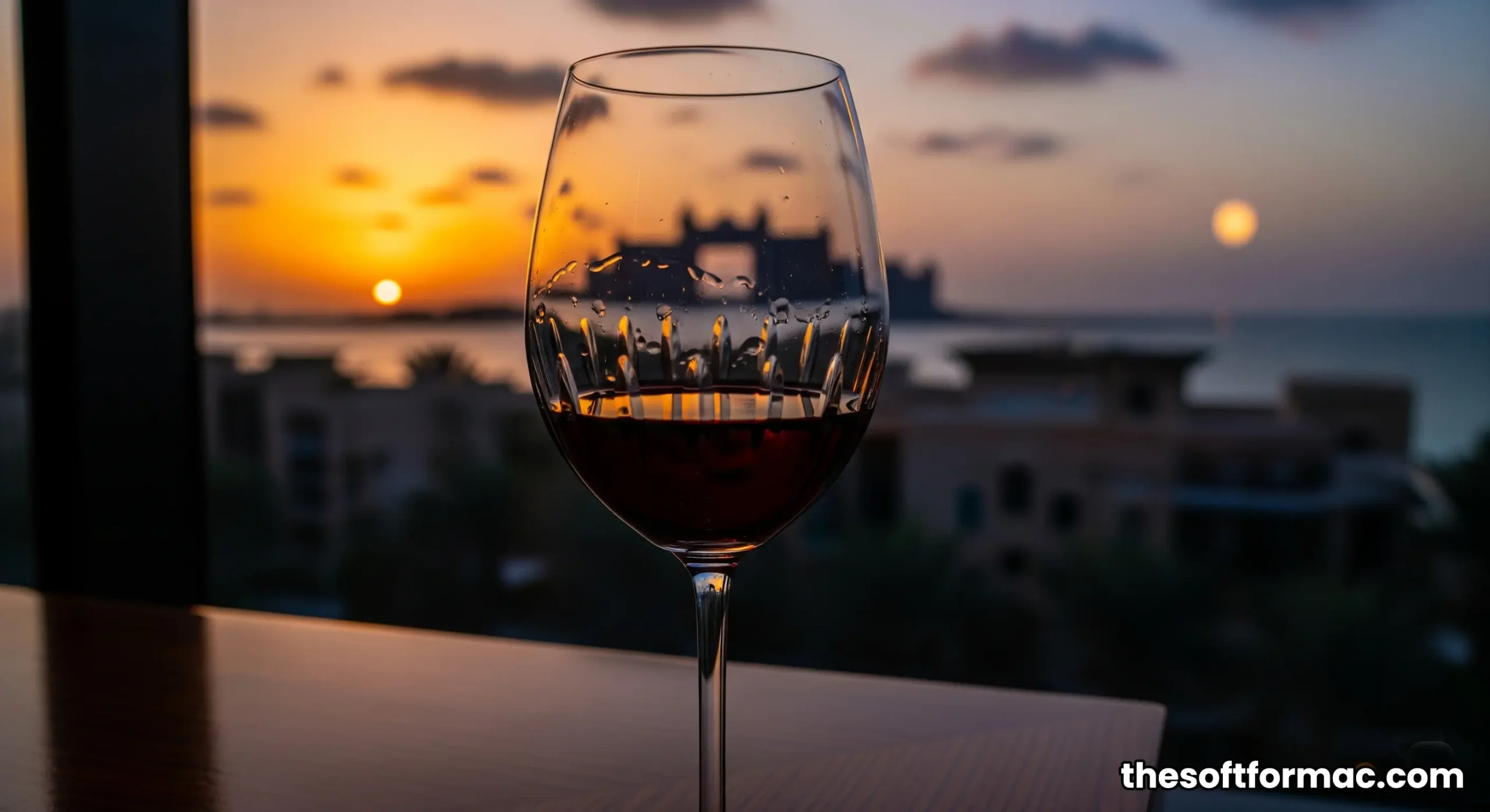 The stunning sunset view of the Arabian Gulf and the Palm Jumeirah from a table at Al Muntaha restaurant.
